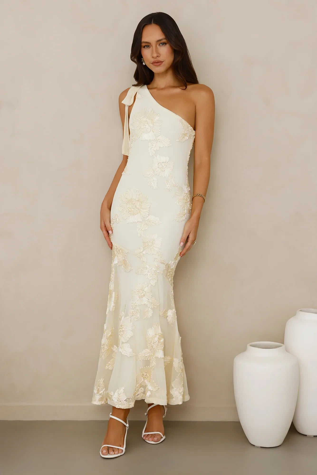 Glossy Girl One Shoulder Mesh Maxi Dress Yellow